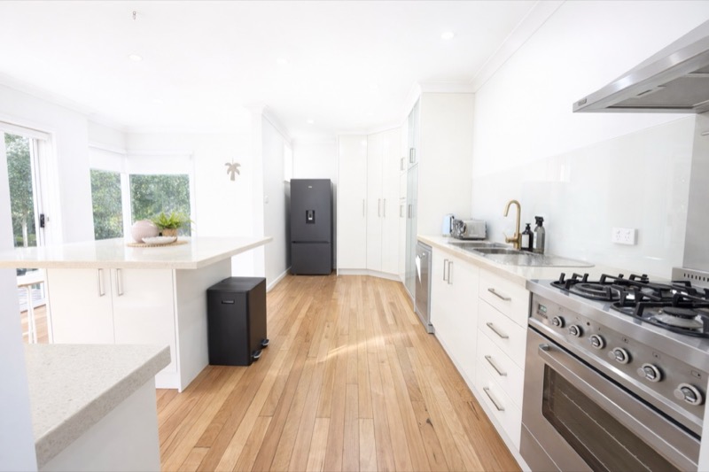 Bright kitchen with timber floors in the Cronulla home